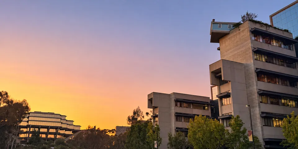 Campus buildings at sunset
