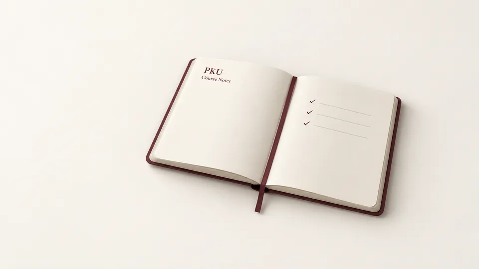 An open burgundy notebook with PKU course notes and three check marks