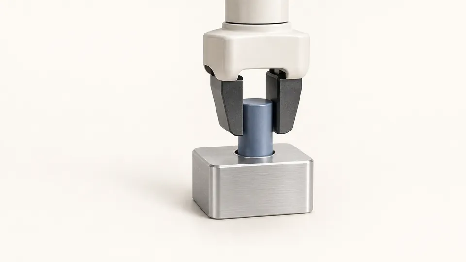 A robotic gripper inserting a blue peg into a matching hole in an aluminium block