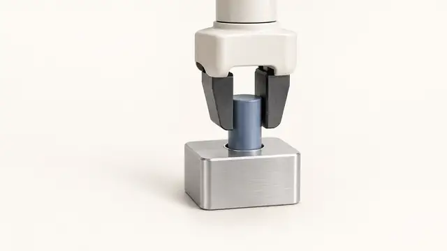 A robotic gripper inserting a blue peg into a matching hole in an aluminium block