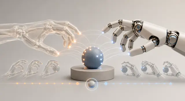 A human hand and a robotic hand reaching toward a sphere