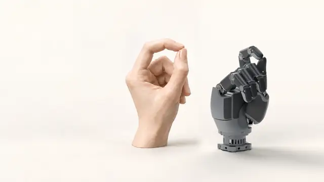 A human hand and a Sharpa Wave robotic hand forming corresponding pinch gestures