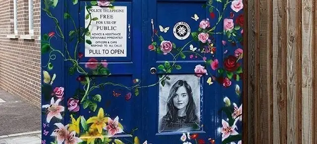 A Doctor Who mural painted on a blue door