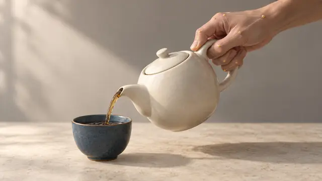 A human hand with motion-capture markers demonstrating how to pour tea